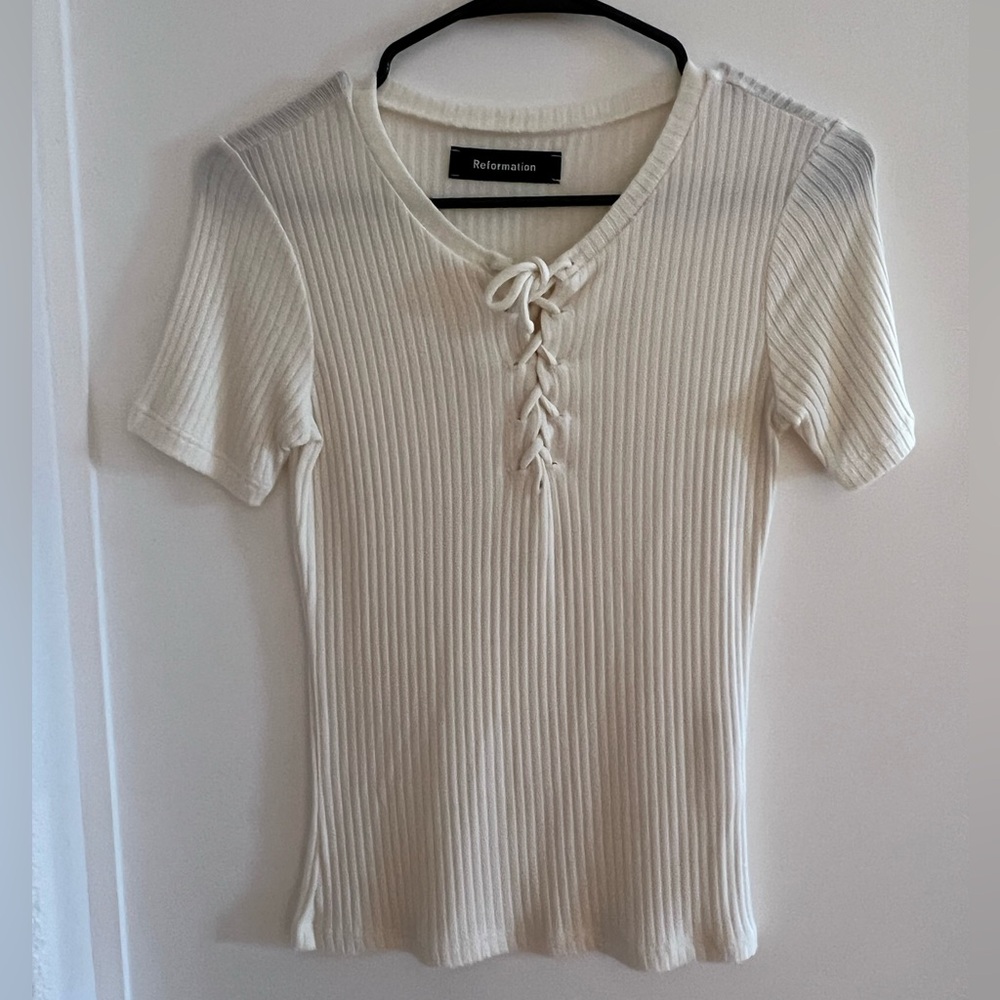 Reformation Alden Ribbed Knit Lace Up Top Tee Cream Small